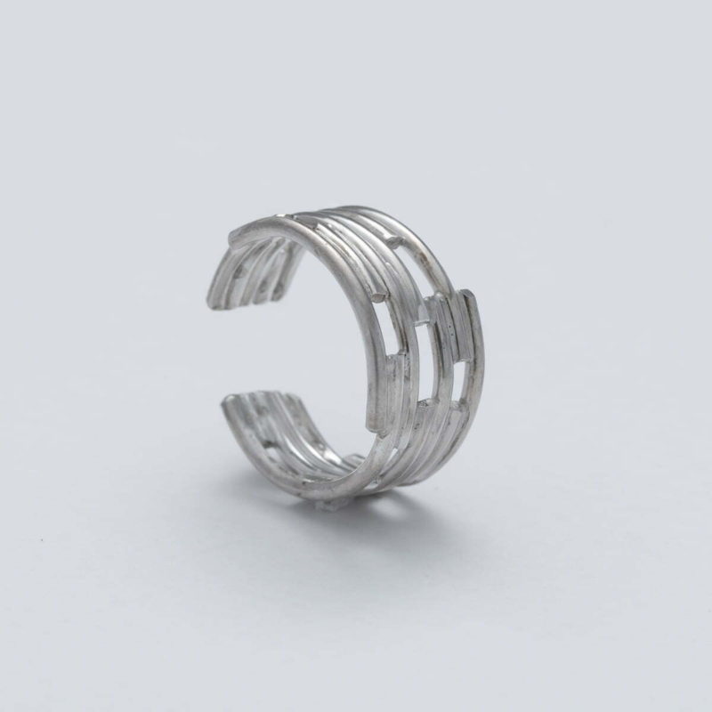 handmade recycled silver wire adjustable ring with linear pattern