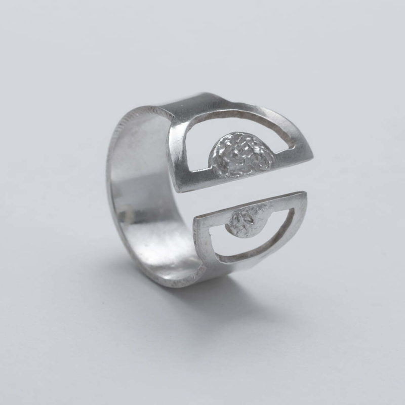 Recycled silver adjustable handmade ring with reticulation and two semi circles