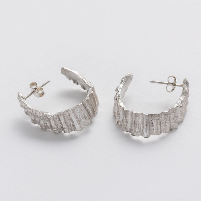 Handmade recycled silver hoops with seashell pattern