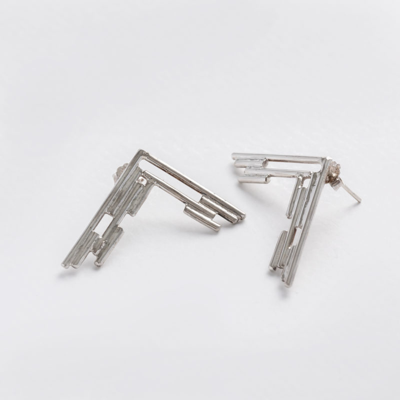 handmade recycled silver wire stud earrings with linear pattern